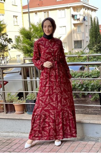 0241Sgs Belted Patterned Hijab Dress Claret Red Tan 6759