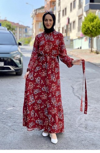 Flower Patterned Dress 0263-05 Claret Red 0263-05