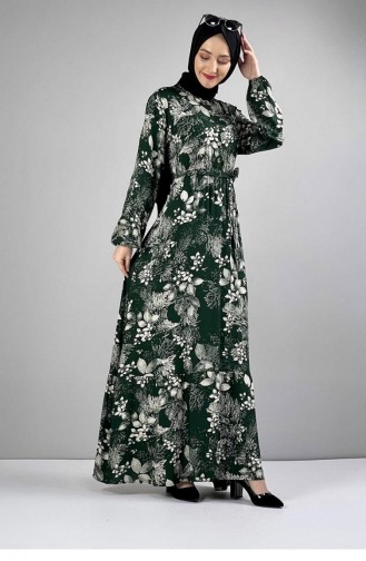 0242Sgs Robe Hijab à Motifs Ceinturée Vert Émeraude 6816