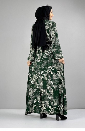 0242Sgs فستان حجاب منقوش بحزام أخضر زمردي 6816