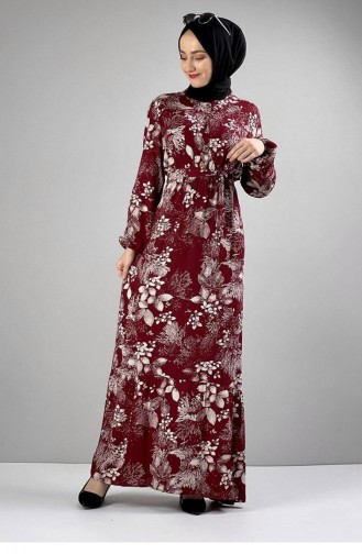 0242Sgs فستان حجاب منقوش بحزام أحمر كلاريت 6818