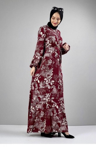 0242Sgs Robe Hijab à Motifs Ceinturée Rouge Claret 6818