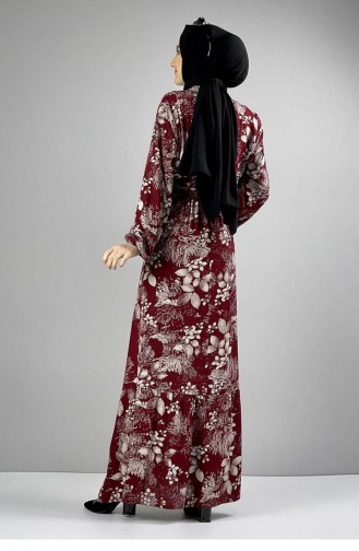 0242Sgs Robe Hijab à Motifs Ceinturée Rouge Claret 6818