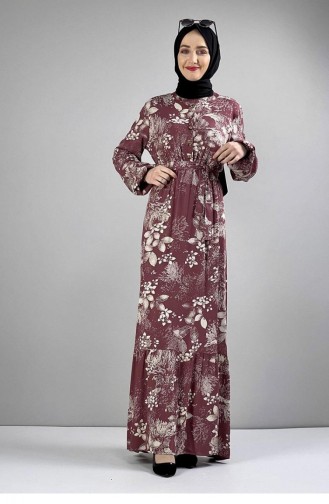 0242Sgs Robe Hijab à Motifs Ceinturée Rose Poudré 6820