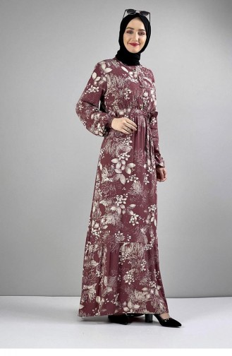0242Sgs Belted Patterned Hijab Dress Dusty Rose 6820