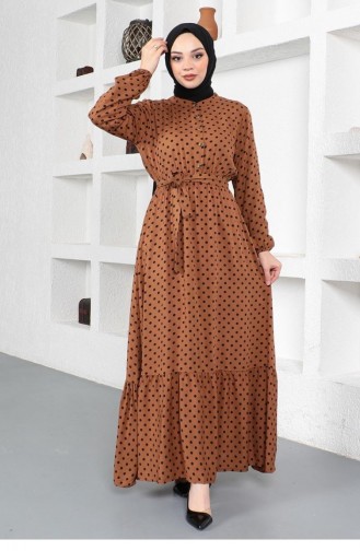 0275Sgs Polka Dot Patterned Viscose Dress Brown 6892