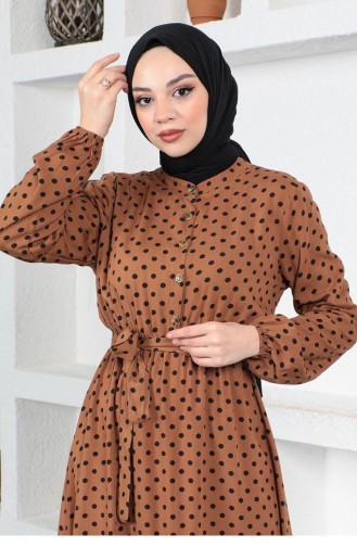 0275Sgs Polka Dot Patterned Viscose Dress Brown 6892