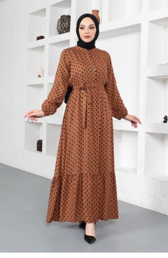 0275Sgs Polka Dot Patterned Viscose Dress Brown 6892