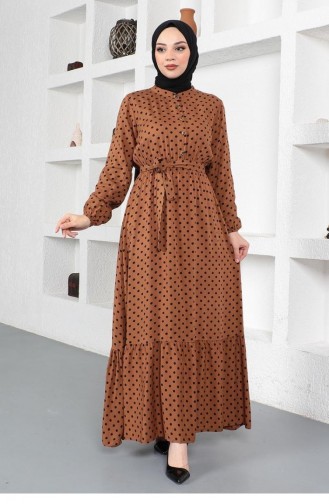 0275Sgs Polka Dot Patterned Viscose Dress Brown 6892