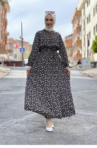 0243Sgs Belted Patterned Hijab Dress Black 6893