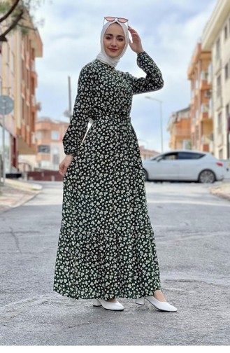 0243Sgs Belted Patterned Hijab Dress Emerald Green 6894