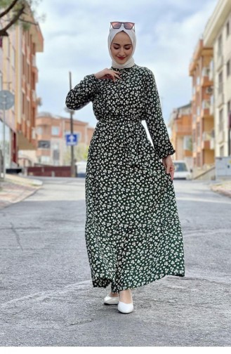 0243Sgs Belted Patterned Hijab Dress Emerald Green 6894