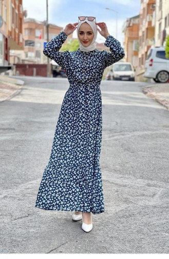 0243Sgs Gemustertes Hijab-Kleid Mit Gürtel Petrolblau 6895