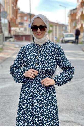 0243Sgs Gemustertes Hijab-Kleid Mit Gürtel Petrolblau 6895