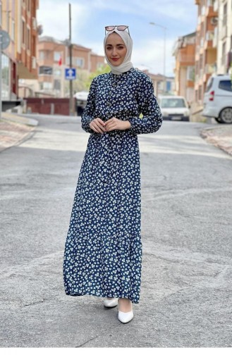 0243Sgs Gemustertes Hijab-Kleid Mit Gürtel Petrolblau 6895