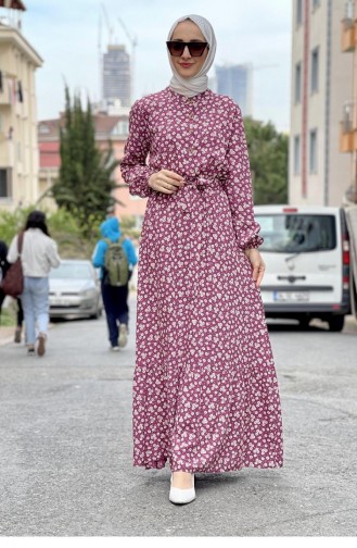 0243Sgs Robe Hijab à Motifs Ceinturée Rose Poudré 6896