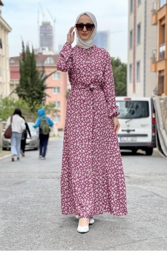 0243Sgs Belted Patterned Hijab Dress Dusty Rose 6896