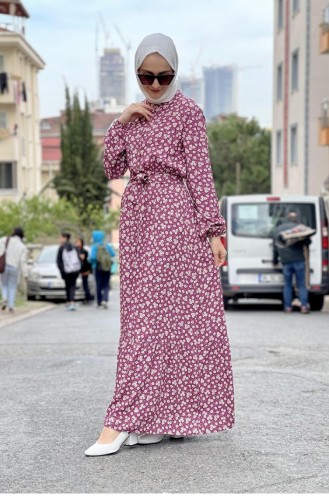 0243Sgs Belted Patterned Hijab Dress Dusty Rose 6896