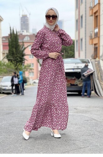0243Sgs Gemustertes Hijab-Kleid Mit Gürtel Dusty Rose 6896