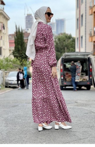 0243Sgs فستان حجاب منقوش بحزام وردي مغبر 6896