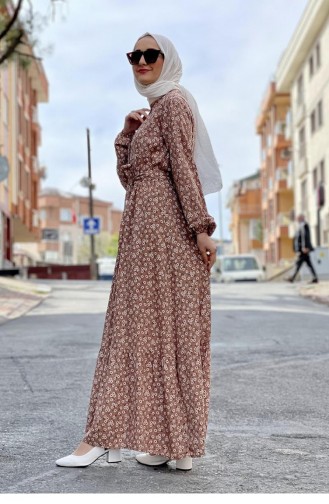 0243Sgs Belted Patterned Hijab Dress Mink 6897