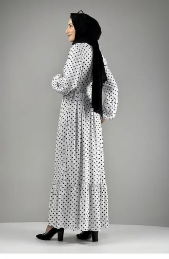 Robe Hijab à Pois 0224-11 Ecru Noir 0224-11