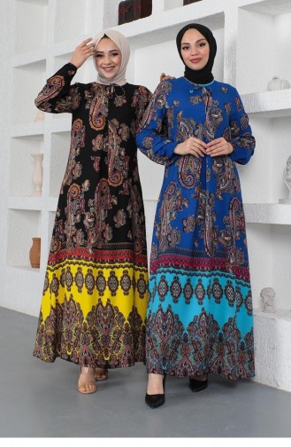 0288Sgs Model Hijab-jurk Met Etnisch Patroon Zwart 7131