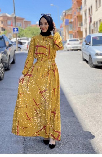 0248Sgs فستان حجاب منقوش خردل 7239
