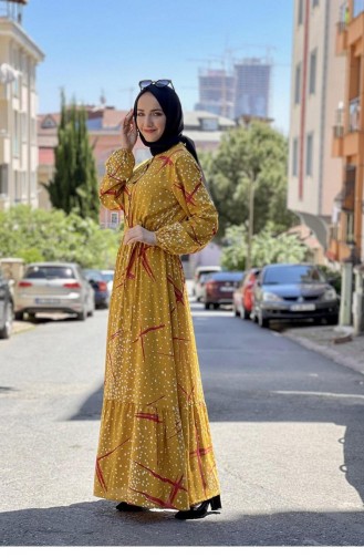 0248Sgs Hijab-jurk Met Patroon Mosterd 7239