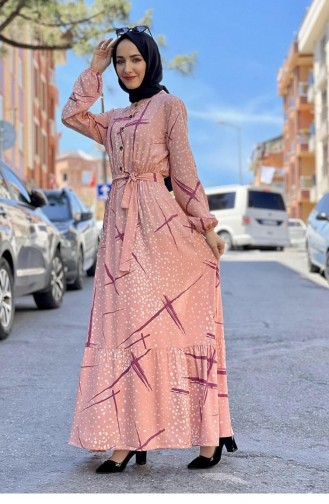 0248Sgs Patterned Hijab Dress Salmon 7241