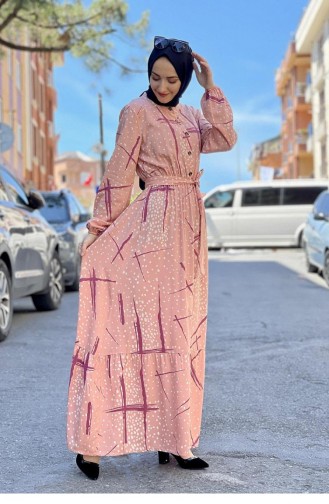 0248Sgs Patterned Hijab Dress Salmon 7241