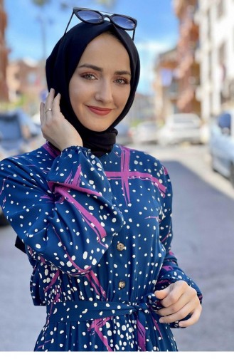 0248Sgs فستان حجاب منقوش باللون الأزرق البترولي 7244