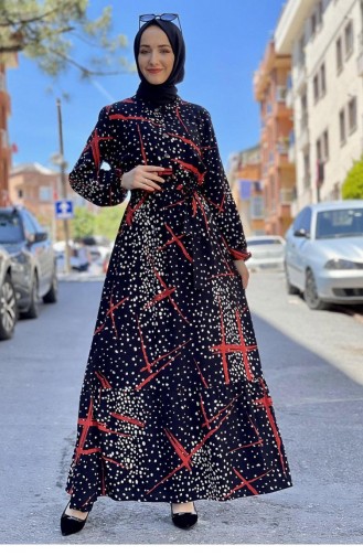 0248Sgs Gemustertes Hijab-Kleid Schwarz 7245