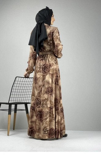 0249Sgs Floral Patterned Hijab Dress Mink 7252