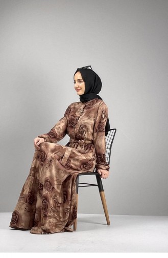 0249Sgs Floral Patterned Hijab Dress Mink 7252