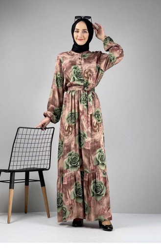 0249Sgs Floral Patterned Hijab Dress Khaki 7254