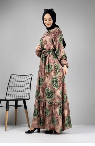 0249Sgs Floral Patterned Hijab Dress Khaki 7254