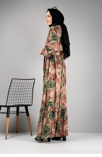 0249Sgs Floral Patterned Hijab Dress Khaki 7254