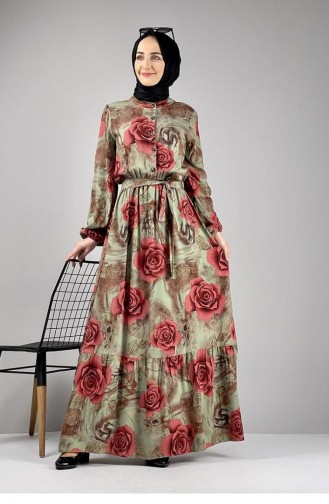 0249Sgs Floral Patterned Hijab Dress Claret Red 7255