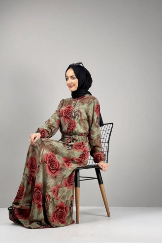 0249Sgs Floral Patterned Hijab Dress Claret Red 7255