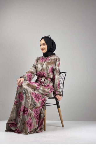0249Sgs Floral Patterned Hijab Dress Lilac 7256