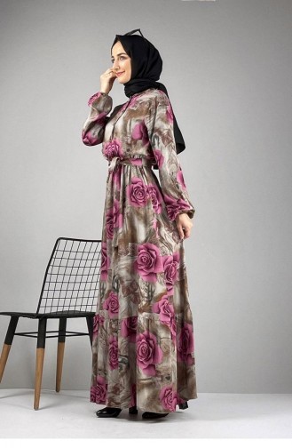 0249Sgs Floral Patterned Hijab Dress Lilac 7256