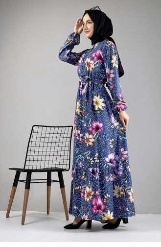 فستان للحجاب بتصميم مُطبع 0247-01 لون كحلي بترولي 0247-01