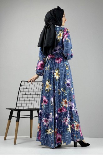 Robe Hijab à Motifs 0247-01 Bleu Marine Pétrole 0247-01