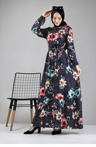 فستان حجاب بتصميم مُطبع 0247-02 لون كحلي وأزرق داكن وفيروزي 0247-02