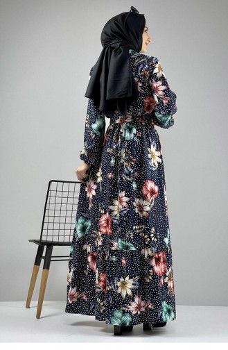 فستان حجاب بتصميم مُطبع 0247-02 لون كحلي وأزرق داكن وفيروزي 0247-02