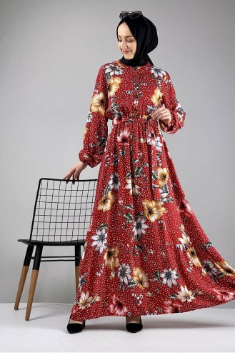 فستان للحجاب بتصميم مُطبع 0247-04 لون كحلي وأحمر خمري 0247-04