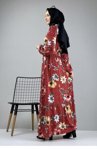فستان للحجاب بتصميم مُطبع 0247-04 لون كحلي وأحمر خمري 0247-04