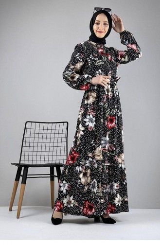 فستان للحجاب بتصميم مُطبع 0247-05 لون كحلي وأسود وأحمر خمري 0247-05