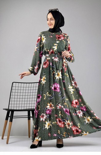 فستان للحجاب بتصميم مُطبع 0247-07 لون كحلي وأخضر 0247-07